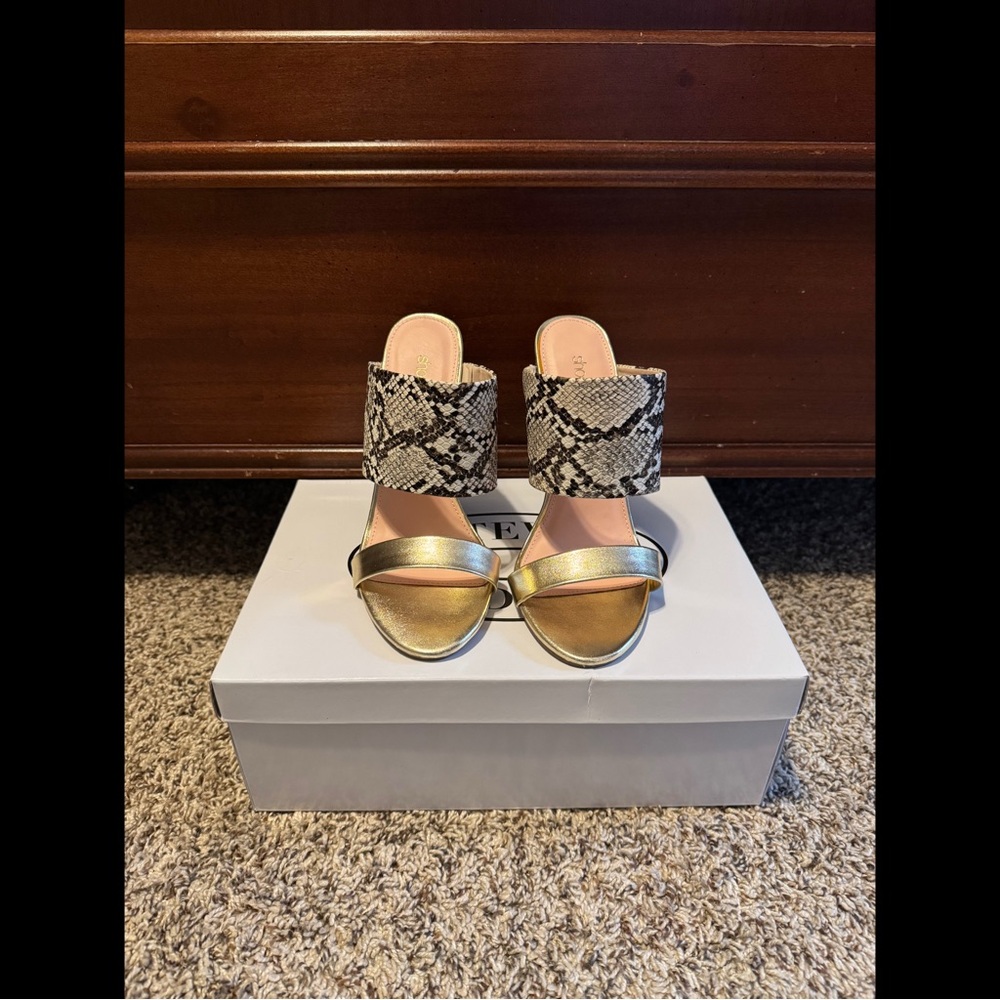 Shoe Dazzle Gold and Pink Snake Print Heeled Sandals